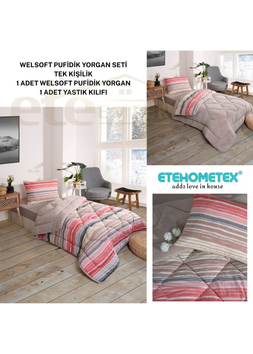 ETE HOMETEX TEK KİŞİLİK LÜX WELSOFT YORGAN SETİ TASEL BEJ 155X215CM 8696474231959